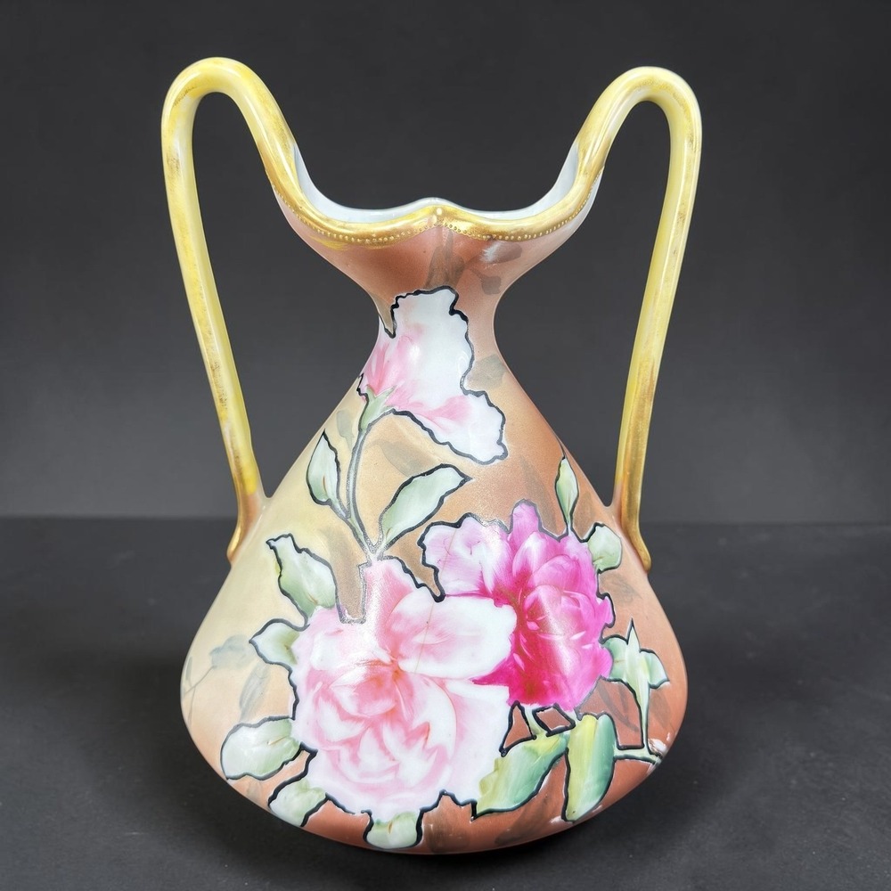 Vintage Nippon Hand Painted Floral Porcelain Vase Double Handle Pink Rose 8in